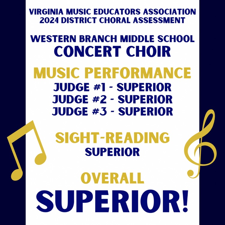 wbmbruins's tweet photo. 🎵The results are IN!! 🎶
Congratulations to the Western Branch Middle School Concert Choir for earning PERFECT scores from every judge at Assessment!!
It was a SUPERIOR day!!
#CooksKids https://t.co/3DPMVkCCA1