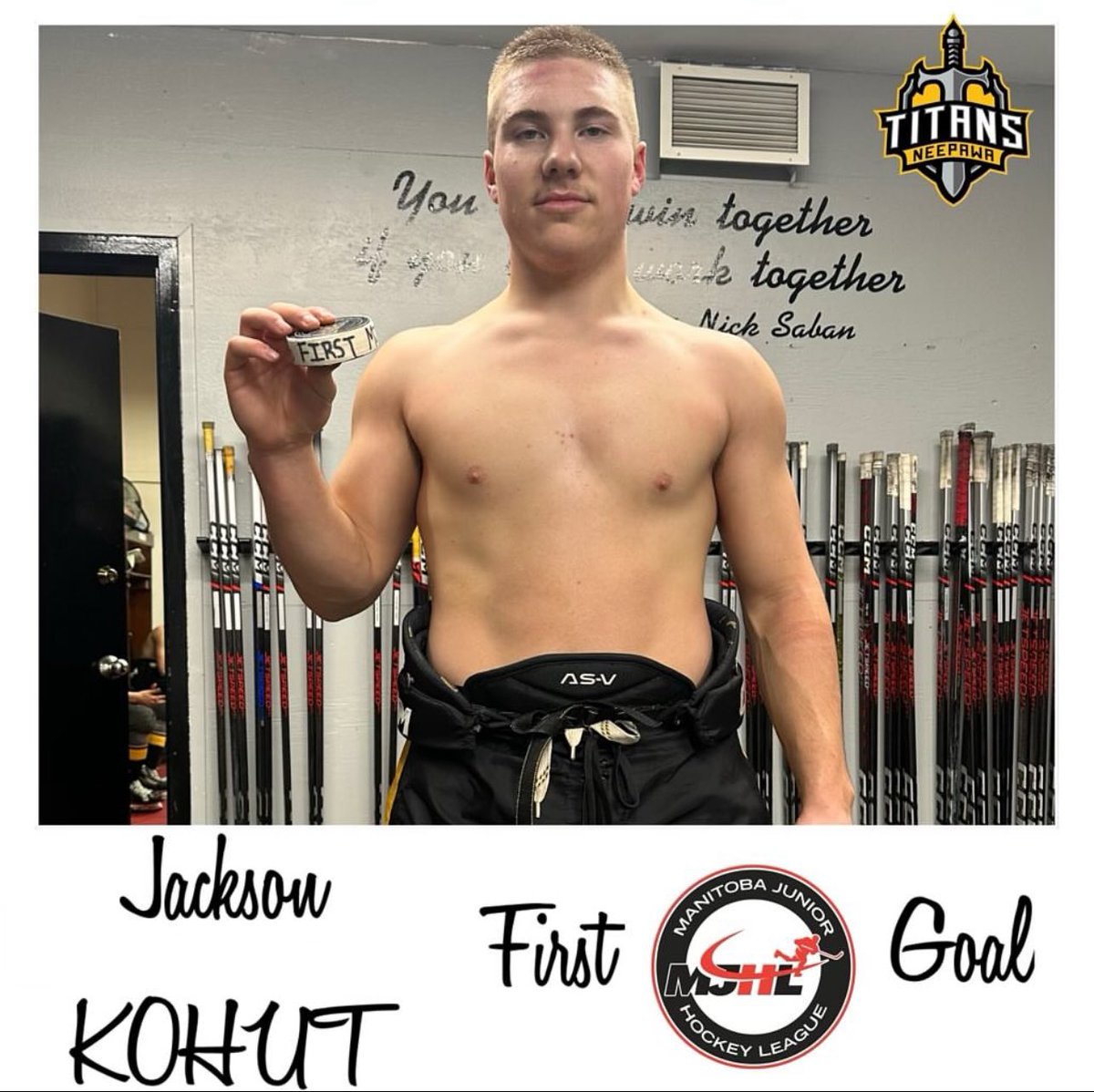 Congrats to Jackson Kohut who scored his first goal in the MJHL with Neepawa. Awesome! #cougs4life #tarpsoptional #buffbagwell