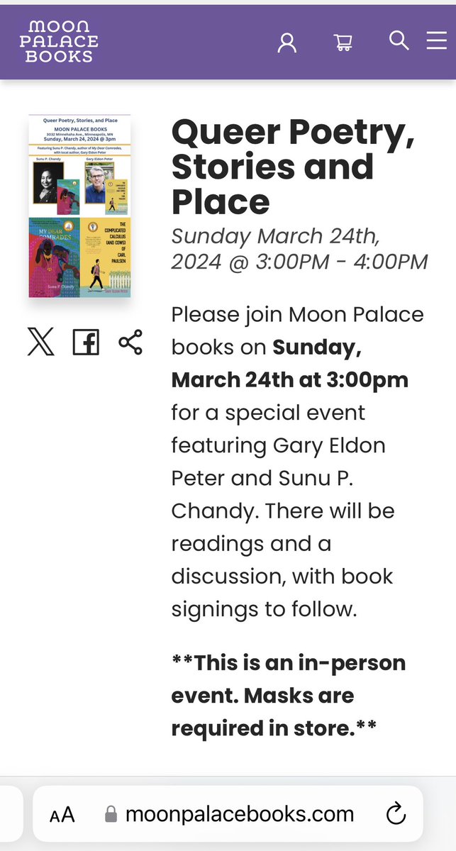 Excited to be here in Minneapolis, and to see folks tomorrow at 3pm at Moon Palace. Thank you to Angela at @MoonPalaceBooks & to Gary for the kind collaboration. Please RSVP at this link if you can join us for these poems, stories and conversation. facebook.com/events/s/queer…