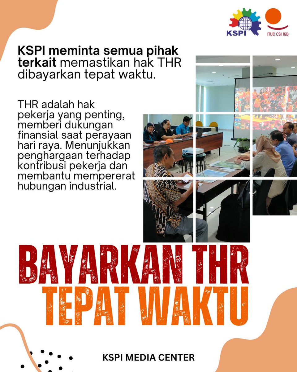 KSPI menyerukan kepada seluruh perusahaan di Indonesia agar memberikan Tunjangan Hari Raya (THR) kepada para pekerja secara penuh dan tepat waktu. Selain itu, pembayaran THR seharusnya tidak dicicil dan harus dilakukan sesuai dengan ketentuan yang berlaku.