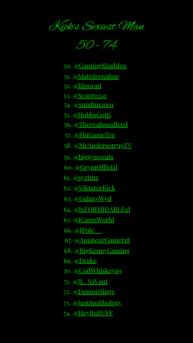 DaddysPlayG's tweet photo. Thank you to everyone who tuned in
@kick has the sexiest community.
congrats to @ElCapiDan15  for taking the number 1 spot!
2 @LONEWOLFanCUB 
3 @SigilOGz 
4 @ImGraysonRogers 
5 @KooterBomb 
6 @nemfist 
7 @Shea_done  
8 @RandyPopPez 
9 @RG_OverTheMtn 
10 @NightbournTTV https://t.co/e0gqgKEISF
