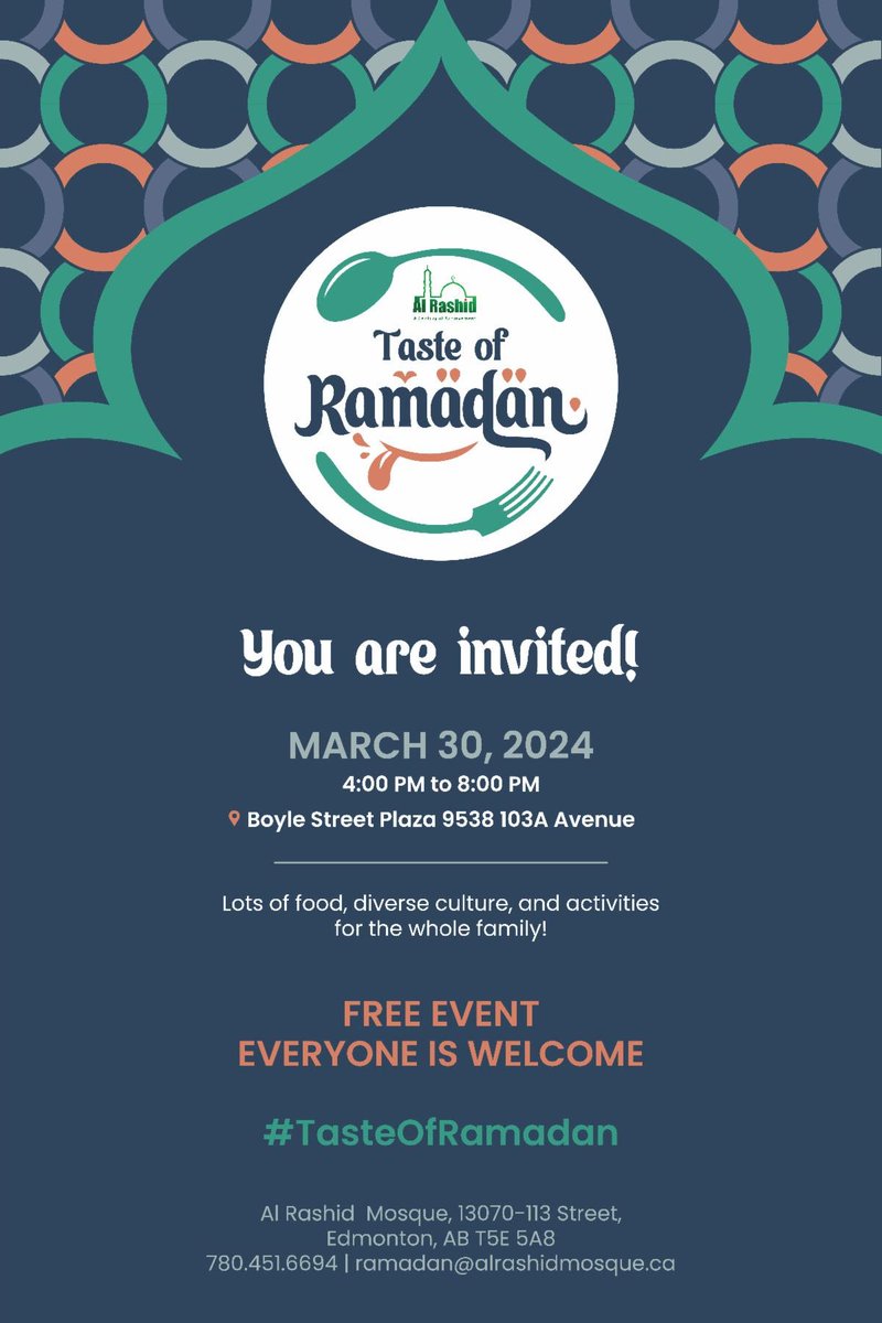 Taste of Ramadan March 30, 4-8 p.m. at Boyle Street Plaza. Food, culture, activities. Free event - all are invited. Sponsored by the Al Rashid Mosque. #yeg #yegdt #BoyleStreet #TasteOfRamadan