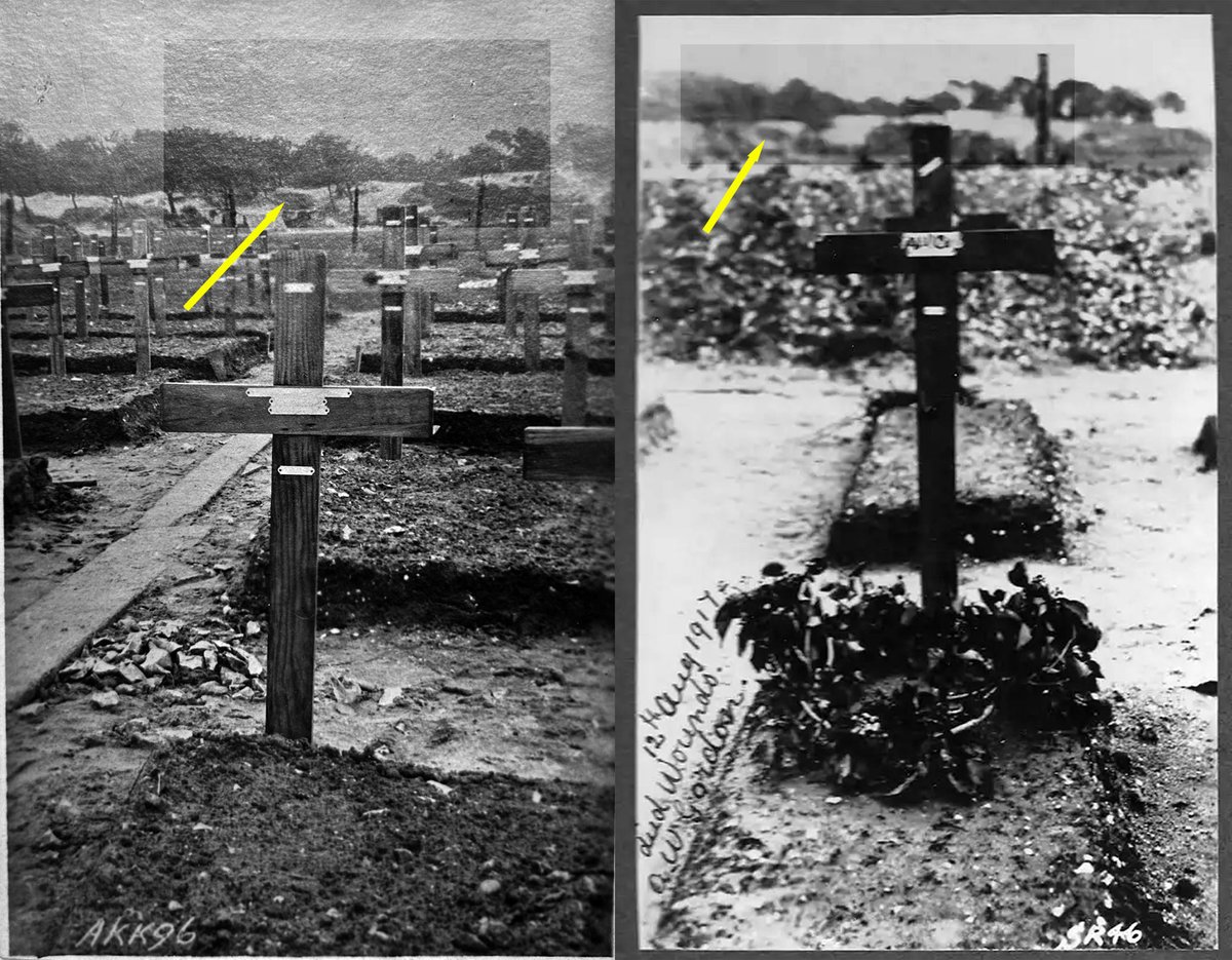 @apg1916 @SommePhantom I wonder if this helps..? The tree line has similarities, and a depression in the ground? highlighted. Looking into the grave, on the right image, it points to; 2nd Lieutenant - A W Gordon. RFC. Died 12 August 1917 Buried: Etaples Military Cemetery, France. Source: CWGC