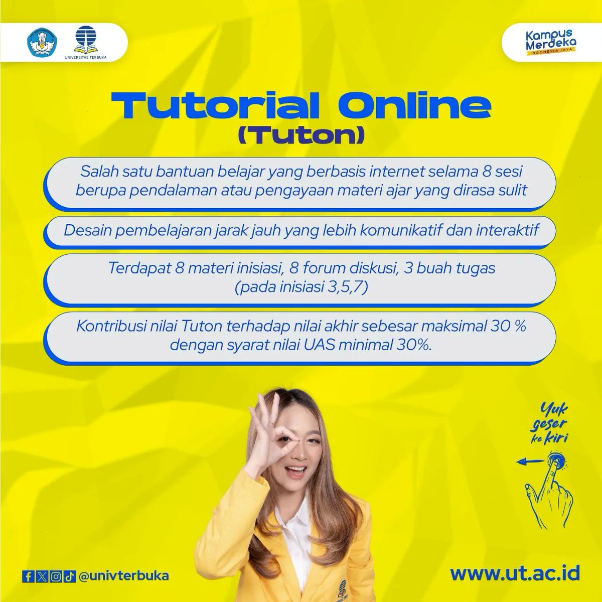 UnivTerbuka's tweet photo. Yuk segera ambil kesempatan perpanjangan Registrasi Tuton ini 😉
-
"Semua Bisa” Kuliah Di Kampus Negeri 🎓😊

#UniversitasTerbuka #KuliahOnline #KampusNegeri #KuliahFleksibelSesuaiGayamu #KuliahSambilKerja #KualitasDunia #Aktivasi #IsiFormKesediaanMengikutiTuton #TutorialOnline https://t.co/9266h8359n