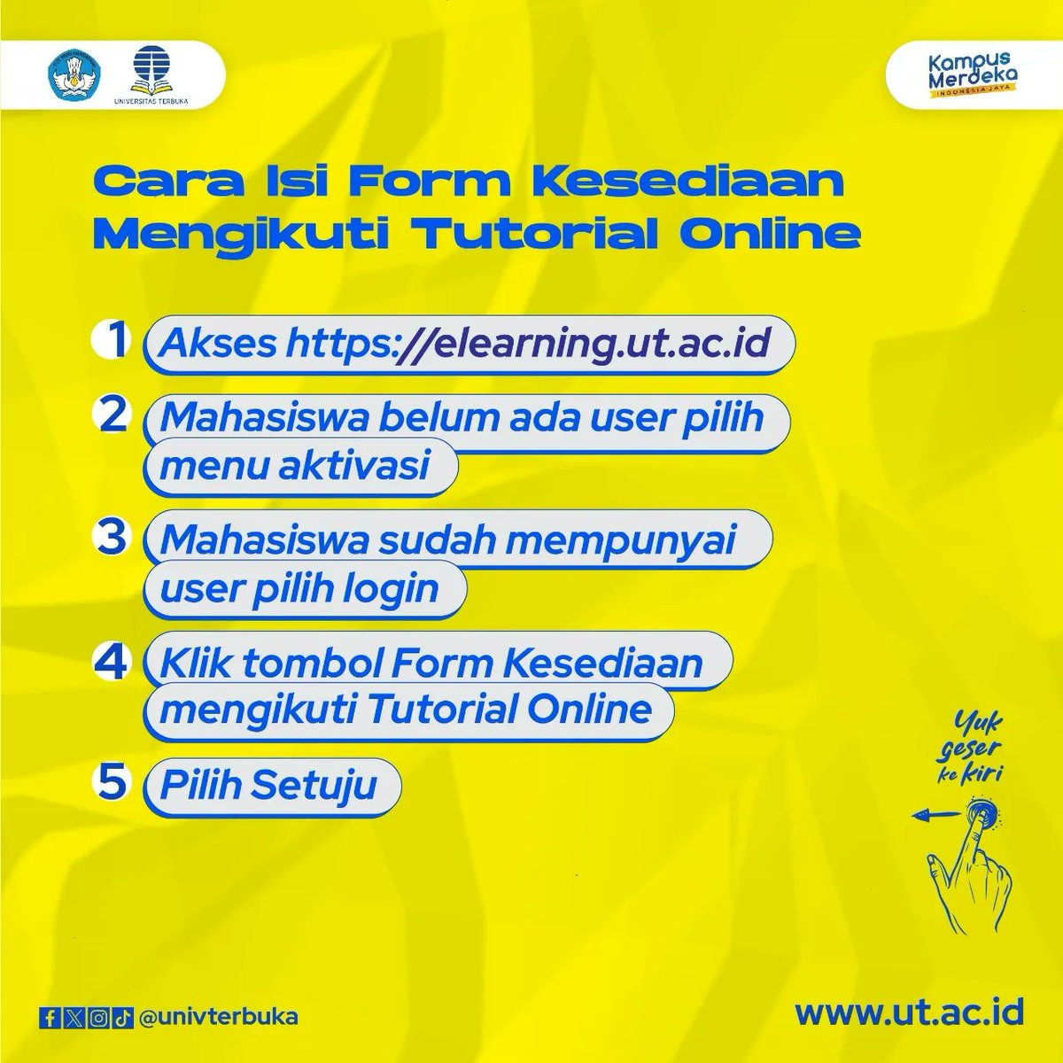 UnivTerbuka's tweet photo. Yuk segera ambil kesempatan perpanjangan Registrasi Tuton ini 😉
-
"Semua Bisa” Kuliah Di Kampus Negeri 🎓😊

#UniversitasTerbuka #KuliahOnline #KampusNegeri #KuliahFleksibelSesuaiGayamu #KuliahSambilKerja #KualitasDunia #Aktivasi #IsiFormKesediaanMengikutiTuton #TutorialOnline https://t.co/9266h8359n
