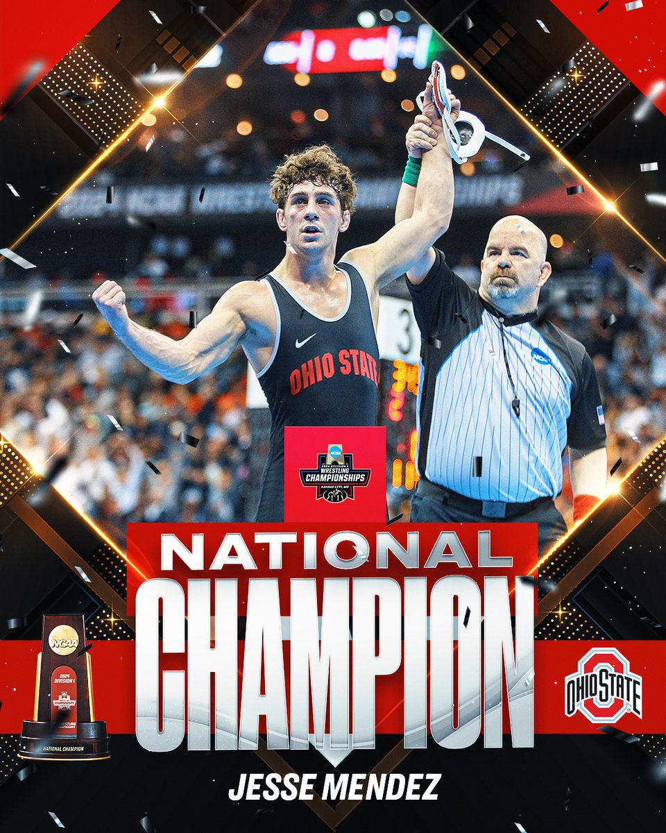 NCAAWrestling's tweet image. Jesse Mendez is the 141-pound NATIONAL CHAMPION!

#NCAAWrestling x @wrestlingbucks