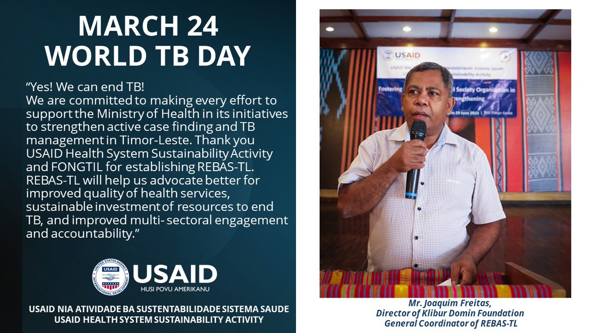 March 24th #WorldTBDay—a day of global significance.
We <a href="/USAID_HSSATL/">USAID Health System Sustainability Activity</a> want to express our deep admiration for the incredible efforts of our health CSO partners in🇹🇱. Their outstanding work in TB prevention and treatment is truly commendable. #EndTB
👉tinyurl.com/4986z8sd