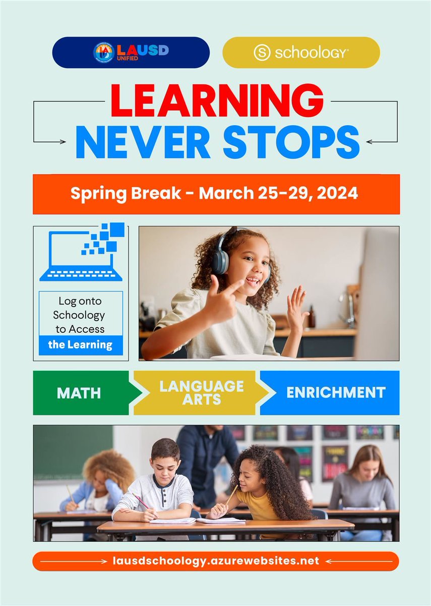 Our Spring Break Continuity of Learning Plan is packed with engaging digital activities for language arts, math and enrichment. Log on to Schoology to access resources.