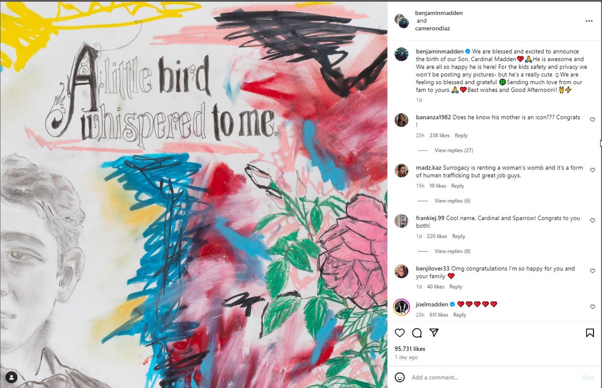 Exciting news! Cameron Diaz and Benji Madden have welcomed their 'awesome' baby boy, Cardinal! 

🍼💙 #CameronDiaz #BenjiMadden #BabyAnnouncement #NewBorn #CelebrityBaby #CardinalMadden