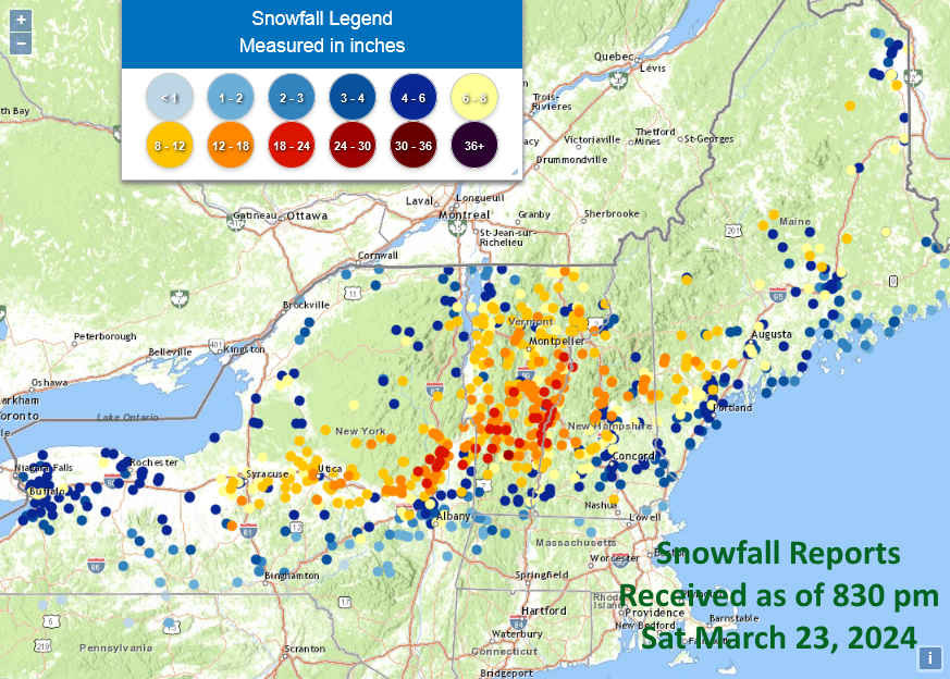 Snowfall reports received as of 830 pm Saturday March 23rd. Highest totals by state so far: VT - Landgrove 24.5” NY - Corinth 20.5' NH - Claremont 20.5' ME - Sweden 13.5”