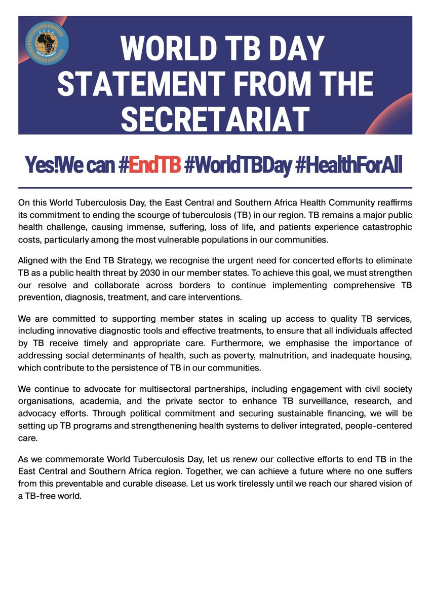 On World TB Day, ECSA-HC vows to combat TB across #ECSA, focusing on the most vulnerable. With the goal to ENDTB by 2030, let's unite for #HealthForAll. Full statement here: 👇👇👇 ecsahc.org/wp-content/upl…