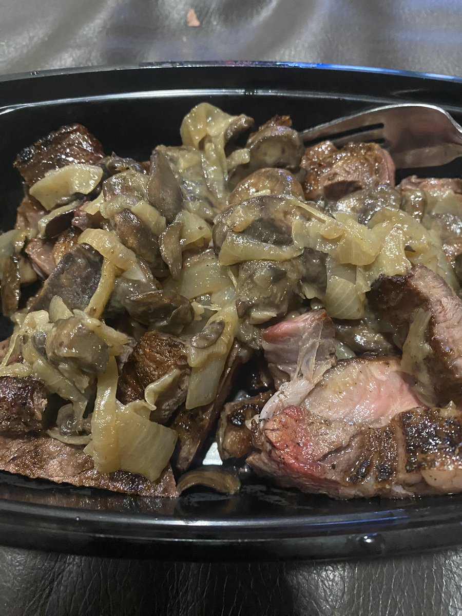 Underblade steak. Dry brined, rubbed with olive oil than seared. Some vermouth mushrooms and onions. Very impressed with this cut for the price. Good stuff.