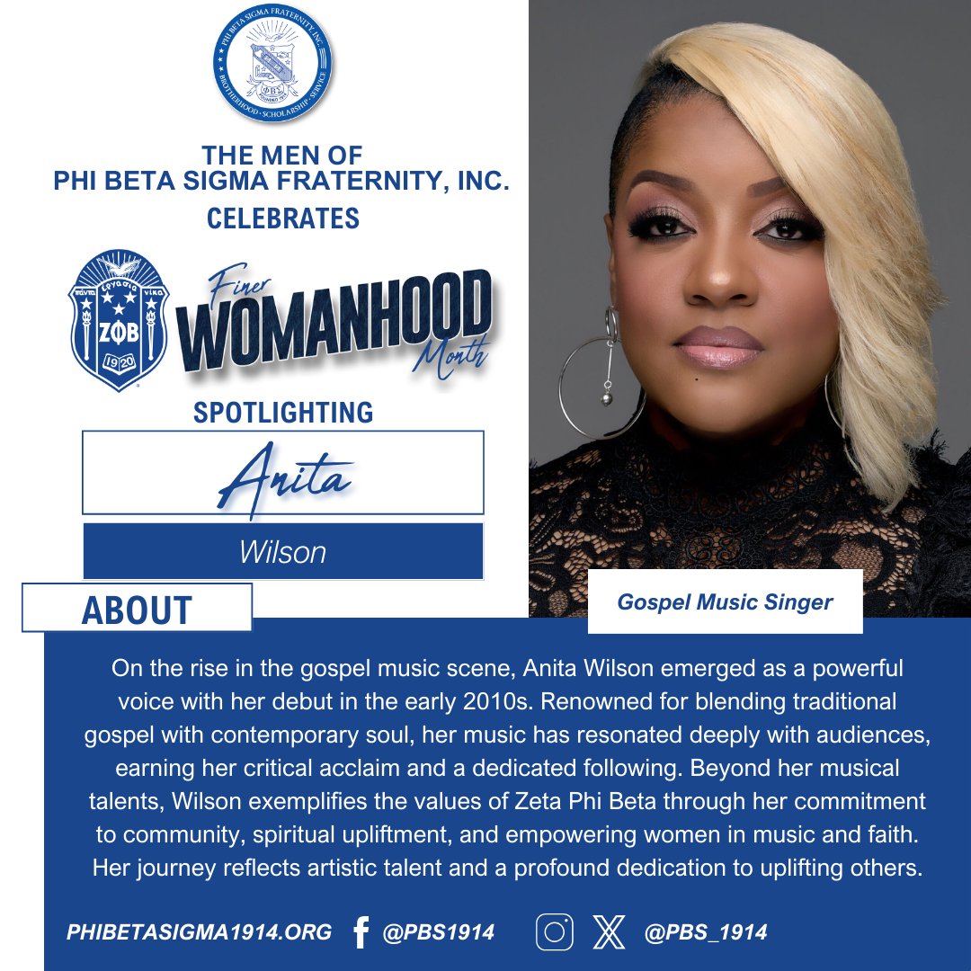 This Finer Womanhood Month, we spotlight Soror Anita Wilson! Her powerful voice and uplifting music have brought inspiration and solace to many. A true example of Zeta Phi Beta's ideals, she harmonizes faith with action, enriching our community's spiritual and cultural fabric.