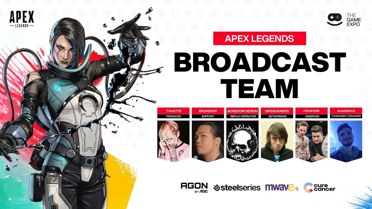The #TGX <a href="/PlayApex/">Apex Legends</a> Creator Showdown is a GO 
Thank you to our wonderful broadcast team ✨
Producer: <a href="/TyKatte/">𝖍𝖊𝖑𝖑𝖇𝖔𝖞</a>
Support: <a href="/brokenxp_tm/">brokenxp</a>
Replay op: <a href="/boredomdesign/">BOREDOM DESIGN</a>
Networking: <a href="/sirsquidness/">SirSquidness</a>
Observer: <a href="/crashobs/">Chris</a>
Tournament organiser: <a href="/wanderkoi/">Andrew Caughey</a>

Watch it here: twitch.tv/steelseries
