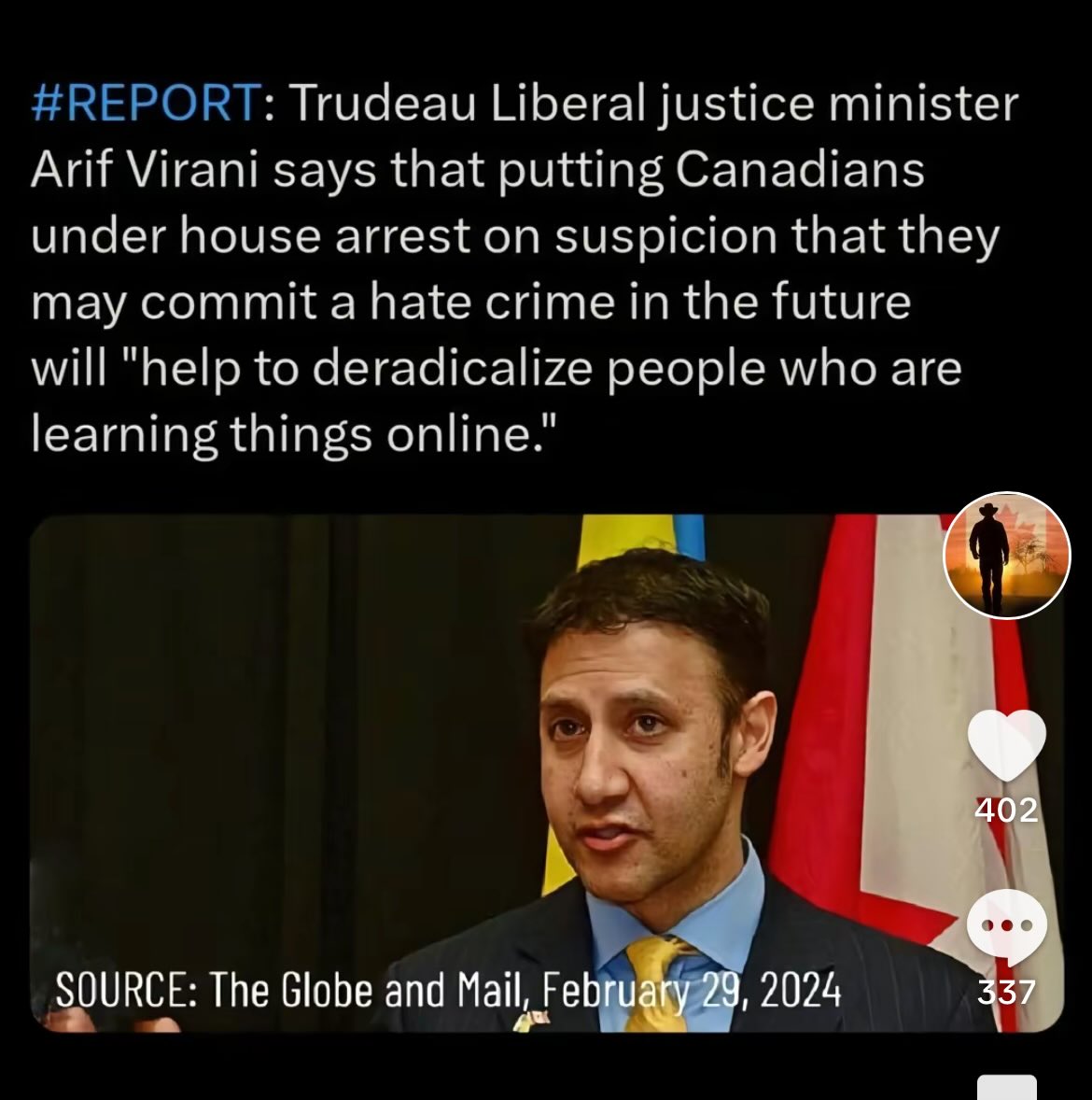 #LiberalsMustGo The Trudeau Liberals are willfully violating the #CharterOfRightsAndFreedoms at this point with Bill C63, to the point of entering #MinorityReport level of violation by issuing “House Arrest” 4 those who “May” commit a hate crime in the future. #TrudeauMustResign