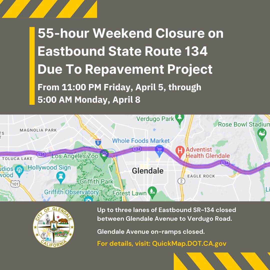 ⚠️ The California Department of Transportation (Caltrans) announced a 55-hour extended weekend closure of lanes and ramps on eastbound State Route 134 (SR-134) in Glendale.