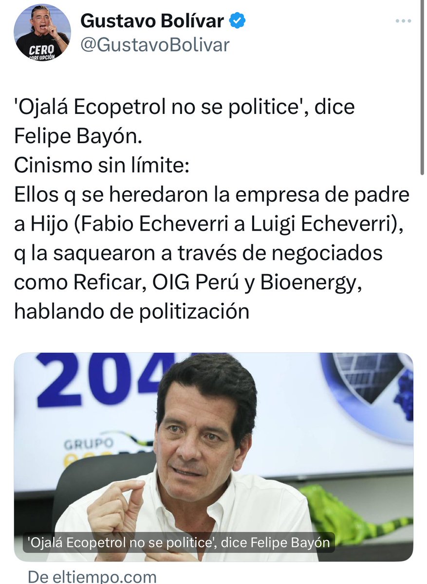 Anteriores Juntas de Ecopetrol envolataron $20 billones entre los negociados de Reficar, Bioenergy y OIG de Perú. Sin contar el robo de petróleo.
Por eso les duele que a la nueva junta llegue gente honesta.
RT Este es el cambio.
Si quieren volver a robar, ganen las elecciones.