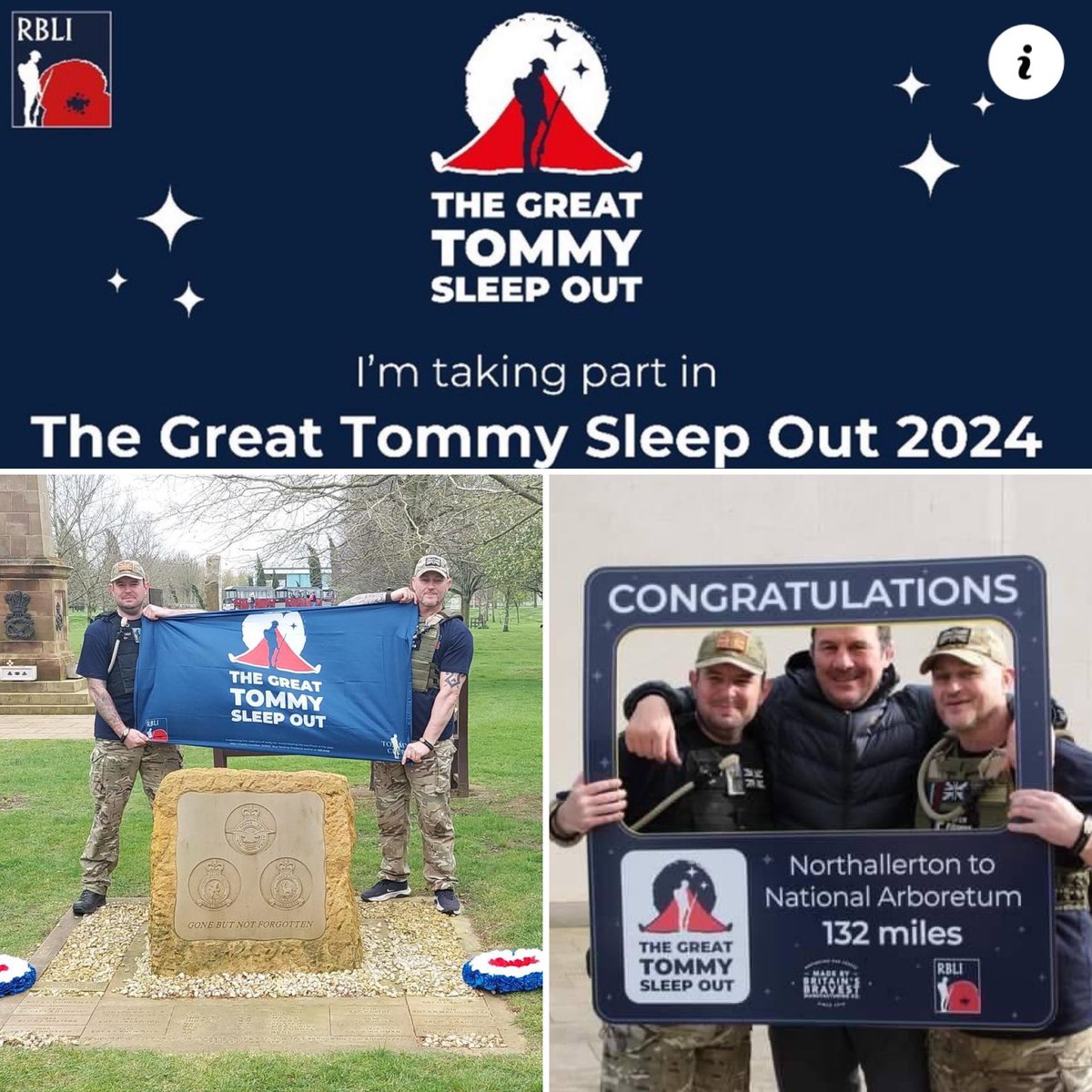 Huge congratulations to Stuart and Tony, @90SignalsUnit veterans who have walked 132 miles from Northallerton to the @Nat_Mem_Arb over the last 5 days to raise money for @RBLI in support of the Great Tommy Sleep Out, raising over £10k to support our homeless veterans! Drill