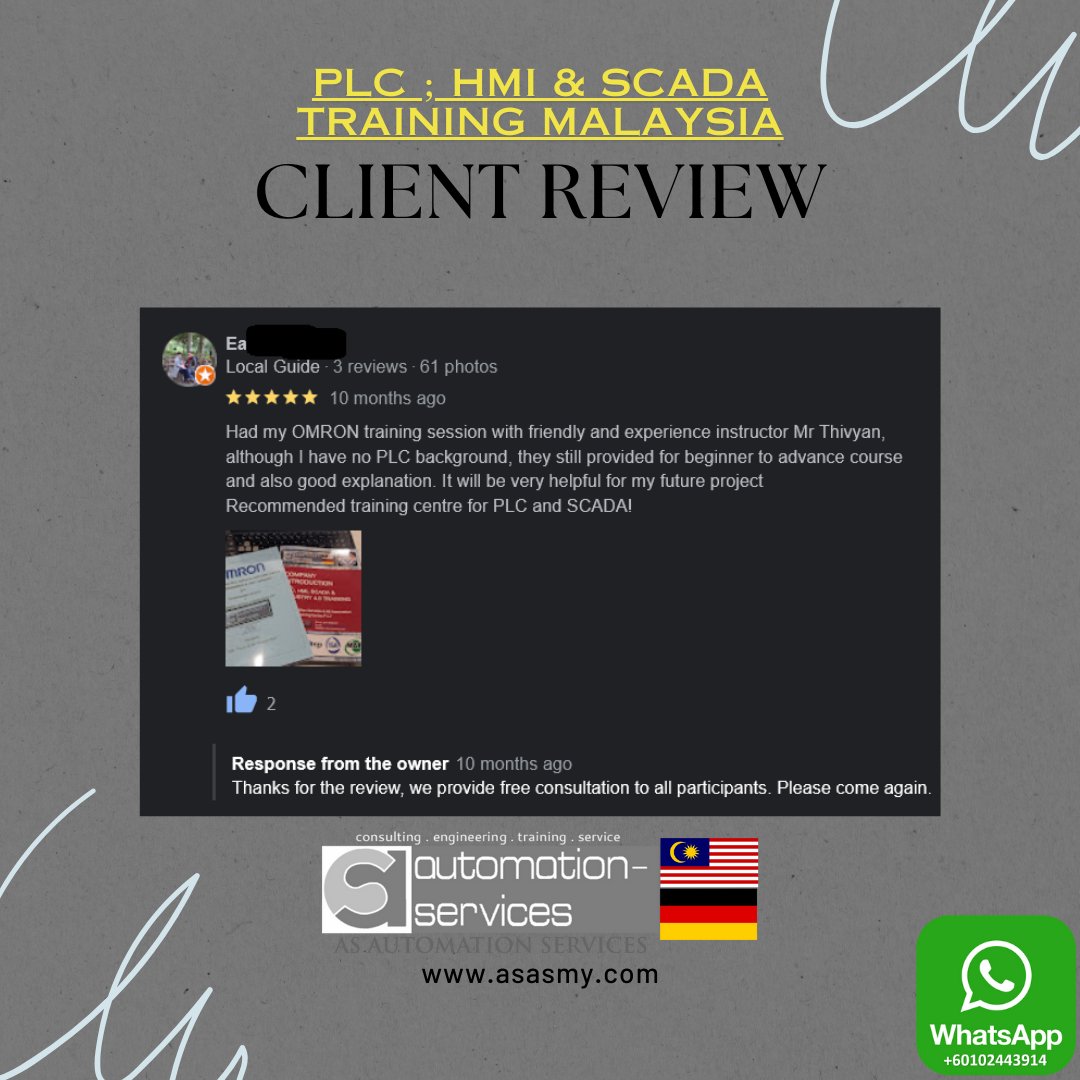 AutomationMy's tweet image. Grateful for the glowing review from our amazing students! Your feedback inspires our mission of excellence in automation training. Explore our top-notch PLC, HMI, and SCADA training in Malaysia: t.ly/y45BP. #ASAutomationServices #AutomationTraining #ClientFeedback