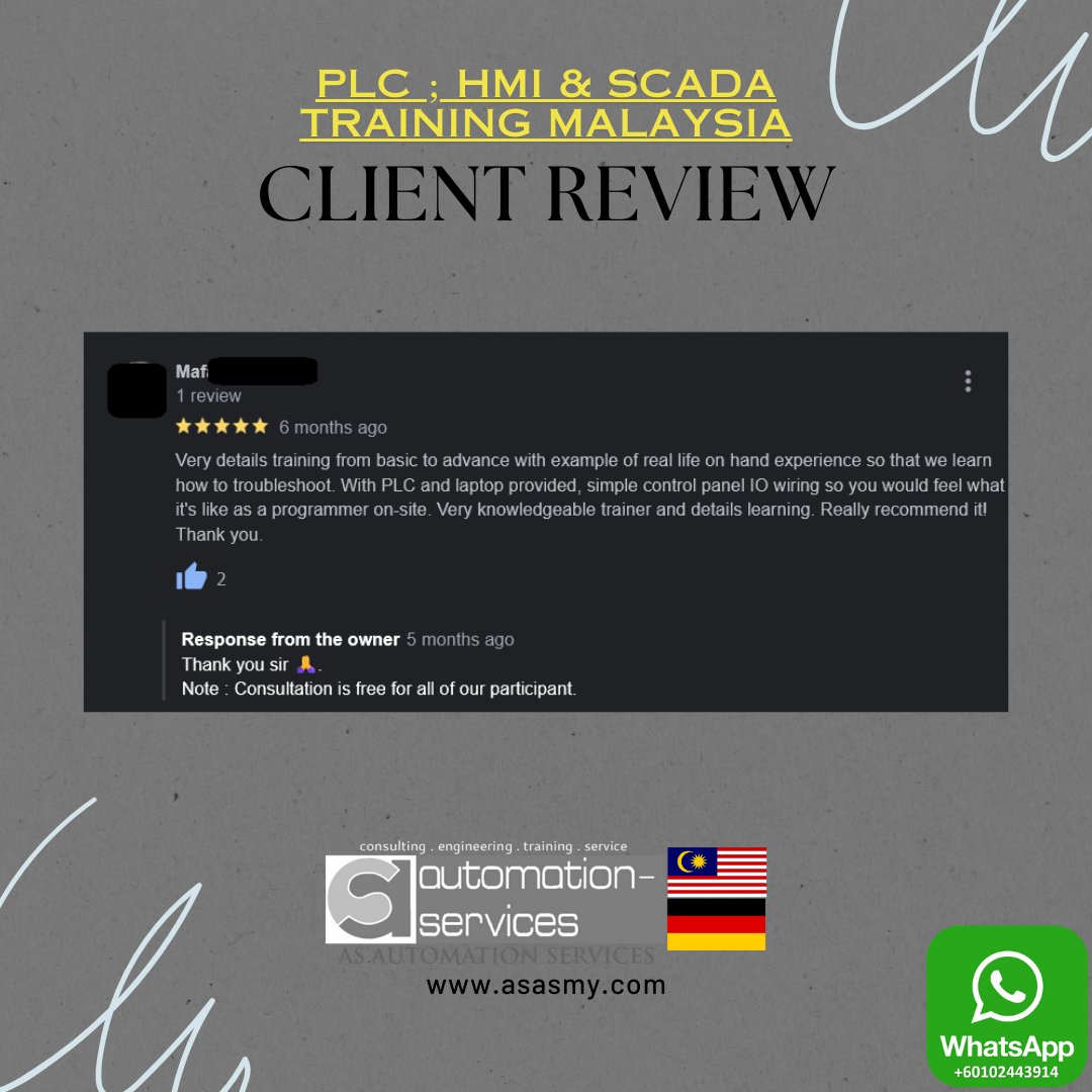AutomationMy's tweet image. Grateful for the glowing review from our amazing students! Your feedback inspires our mission of excellence in automation training. Explore our top-notch PLC, HMI, and SCADA training in Malaysia: t.ly/y45BP. #ASAutomationServices #AutomationTraining #ClientFeedback