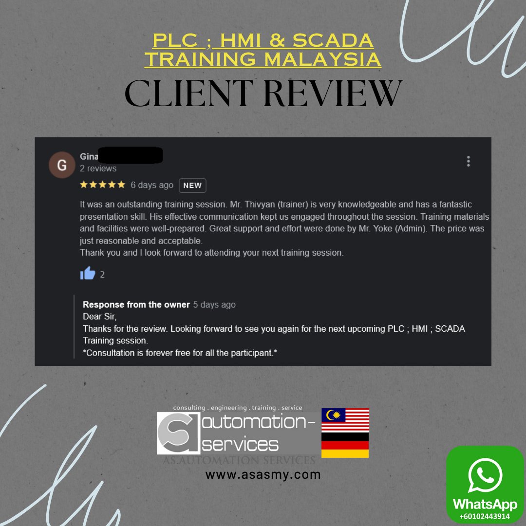 AutomationMy's tweet image. Grateful for the glowing review from our amazing students! Your feedback inspires our mission of excellence in automation training. Explore our top-notch PLC, HMI, and SCADA training in Malaysia: t.ly/y45BP. #ASAutomationServices #AutomationTraining #ClientFeedback