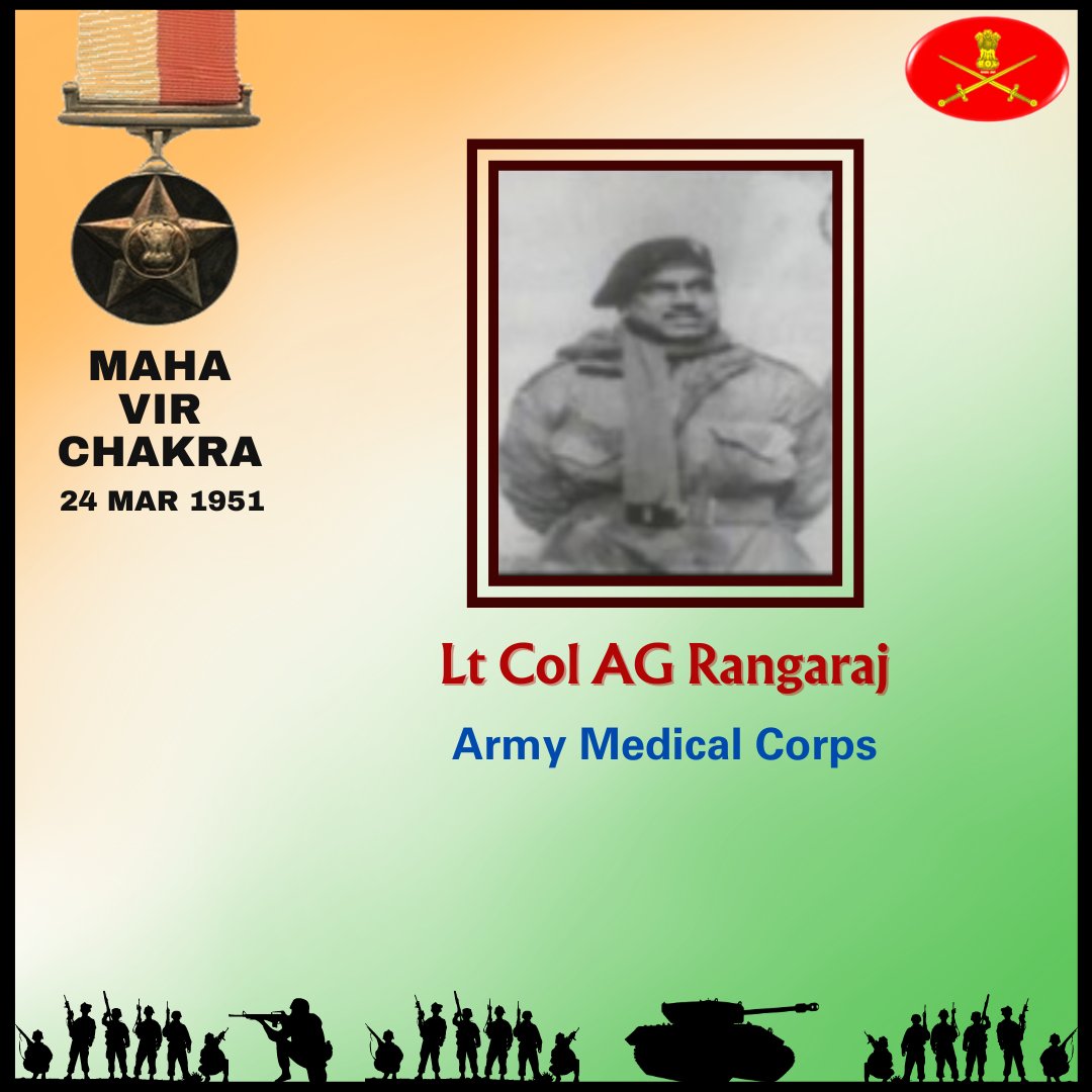 Lt Col Arcot Govindaraj Rangaraj Army Medical Corps 24 Mar 1951 Korea Lt Col AG Rangaraj displayed undaunted courage, valour & exemplary leadership during the Airborne Operation “Tomahawk” in Korea. Awarded #MahaVirChakra. gallantryawards.gov.in/awardee/1180