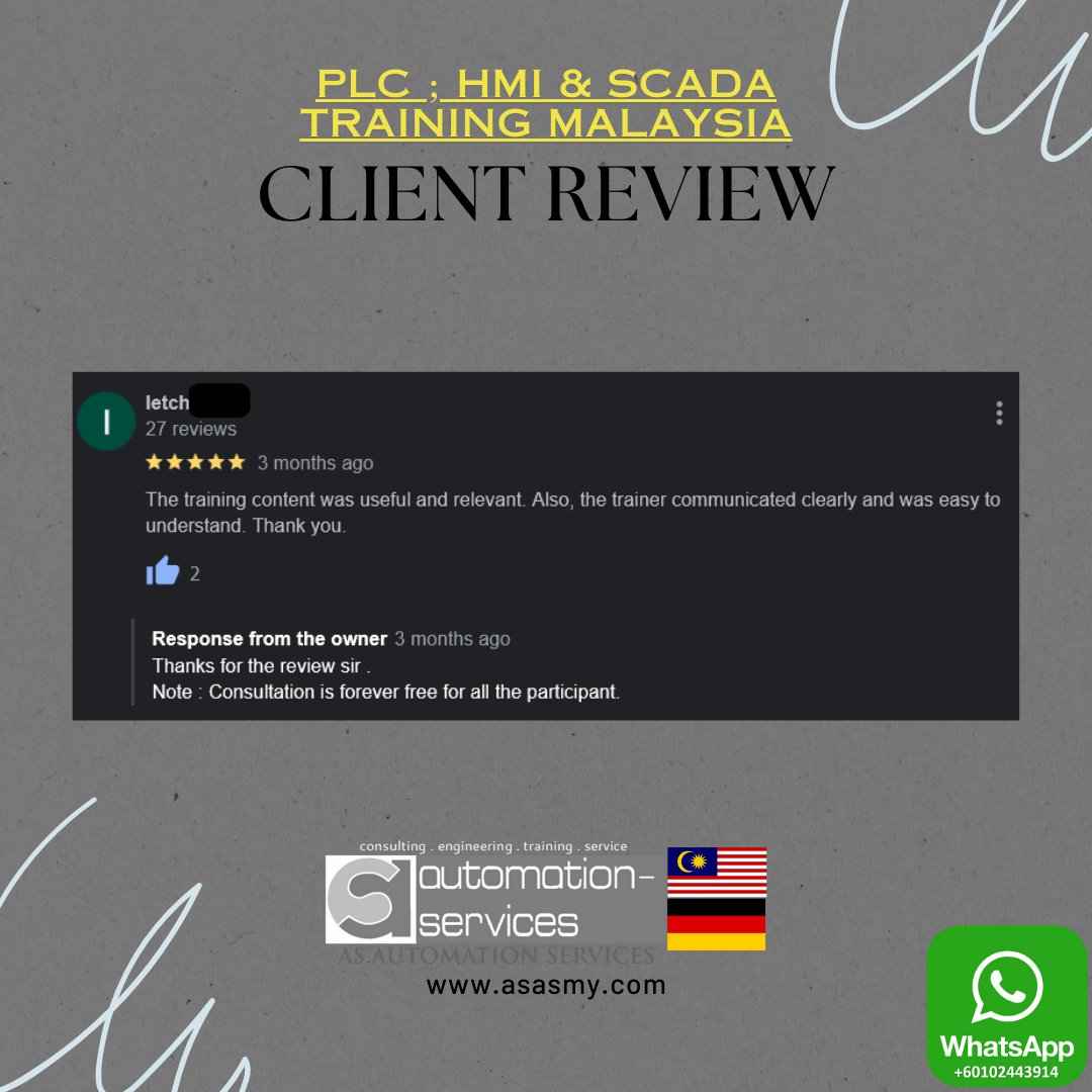 AutomationMy's tweet image. Big thanks for the stellar review from our incredible students! Your  input fuels our dedication to top-notch automation training. Discover  our premier PLC, HMI, and SCADA training in Malaysia: t.ly/y45BP. #ASAutomationServices #AutomationExcellence #ClientLove