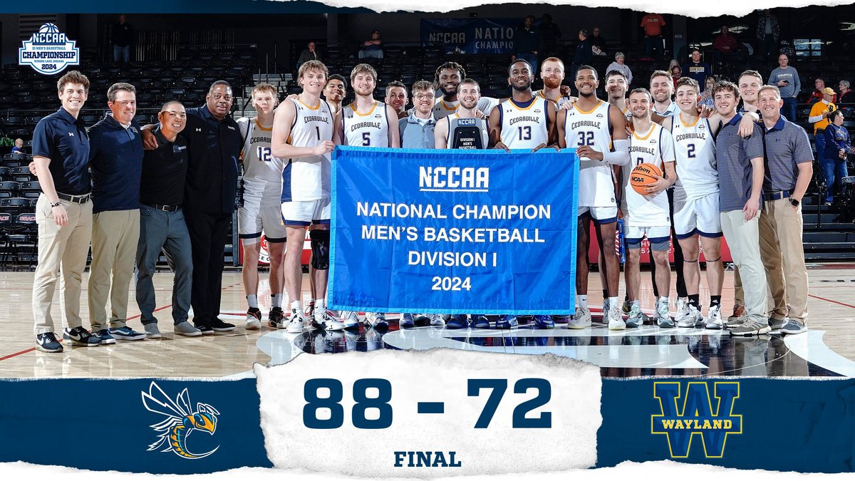 MBB FINAL - #1-seed @CedarvilleMBB defeats #2-seed Wayland Baptist 88-72 to win the 2024 @TheNCCAA DI Championship in Winona Lake, IN! @WhismanGrant 20pts; @Chris__rogers 20pts; @j_maughmer 15pts, 8reb, 6ast; @jddrees 6reb, 6ast. #CUJackets end 2023-24 season with 23-12 record!