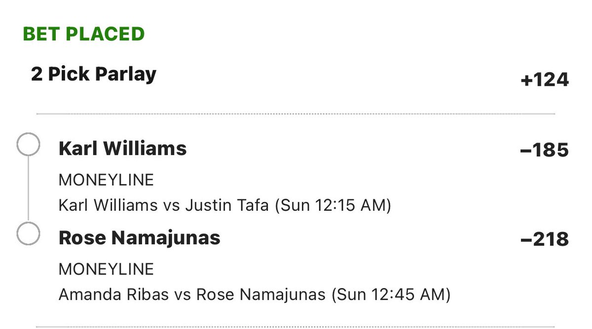 👊 UFC Vegas 89 Dailey Picks 👊

2 Pick: +124 📈

Williams -185
Namajunas -218

Favorite play for tonight’s card 🔥

#UFCVegas89 #UFC300 #UFC #MMA #MMAHistory #MMATwitter #freebets #GamblingX #sportsbet #SportsBettingX