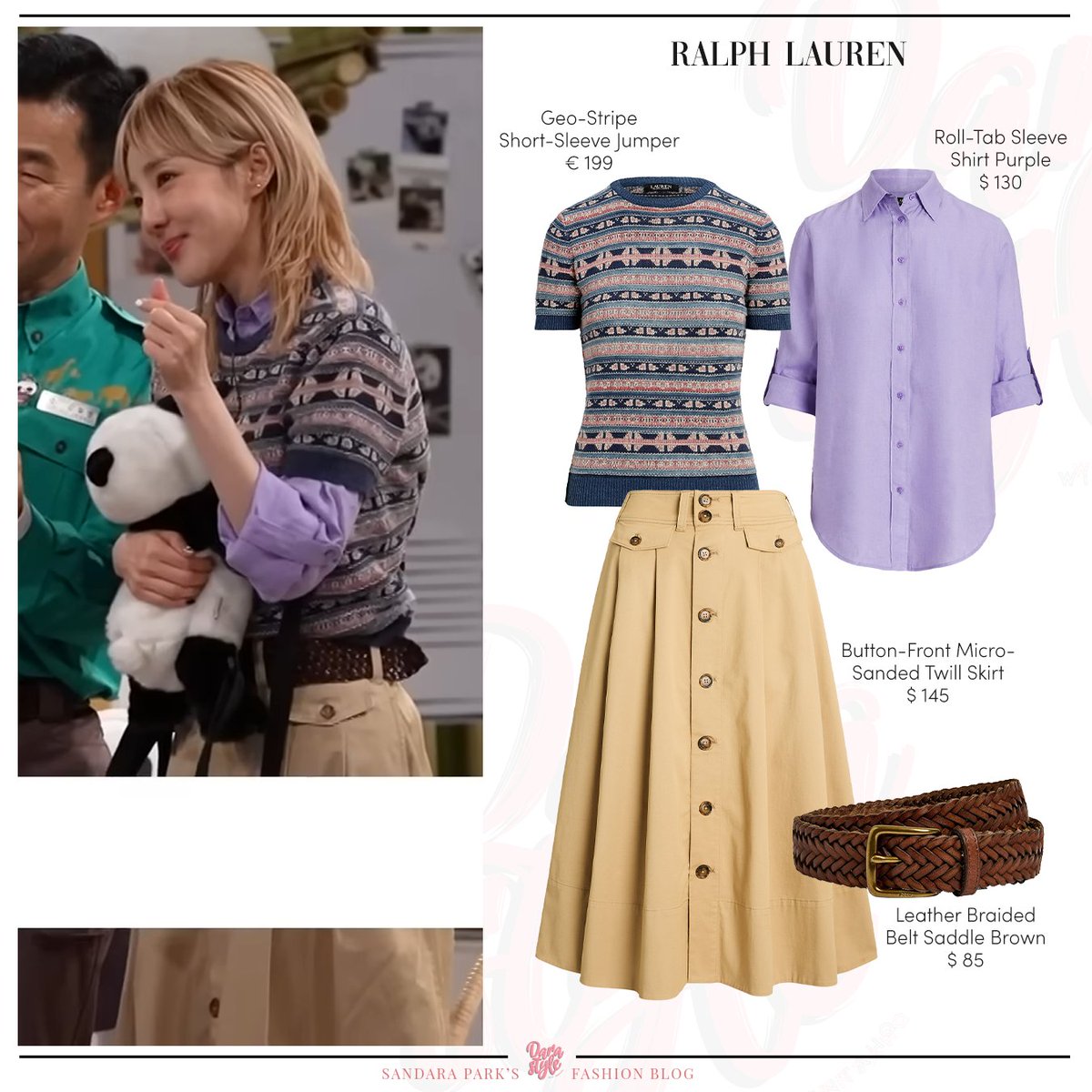 [Spotted] 240322 - #DARA at SBS Fu Bao & Grandpa 2, wearing: #RALPHLAUREN Geo-Stripe Short-Sleeve Jumper #RALPHLAUREN Roll-Tab Sleeve Shirt Purple #RALPHLAUREN Leather Braided Belt Saddle Brown #RALPHLAUREN Button-Front Micro-Sanded Twill Skirt - #SandaraPark #산다라박 #다라