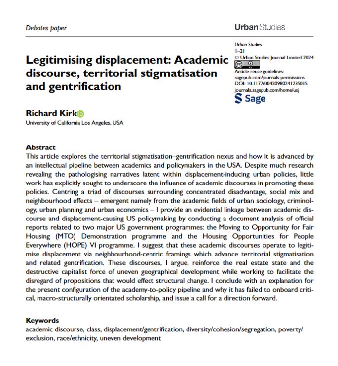 #OpenAccess debates paper by Richard Kirk demonstrates that some measure of influence is exerted by #AcademicDiscourse on displacement-inducing #UrbanPolicy in the US
ow.ly/neBl50QXp08 
#displacement