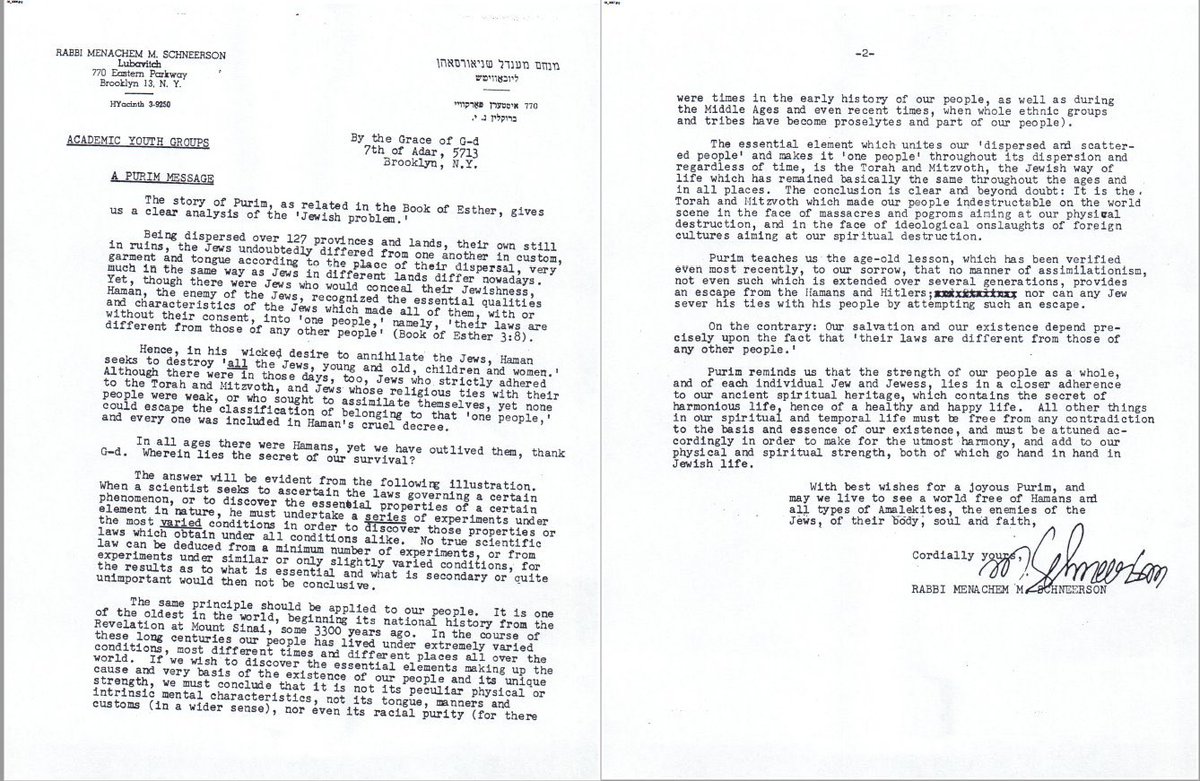 A letter from the Rebbe, written a week before the fall of Stalin -  With best wishes for a joyous #Purim , and may we live to see a world free of Hamans and all Types of Amalekites, the Enemies of the Jews, of their body, soul and faith,  Cordially yours, Rebbe's holly…