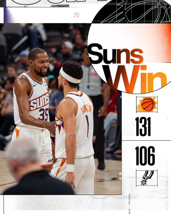 Suns win final score graphic: Suns - 131, Spurs - 106