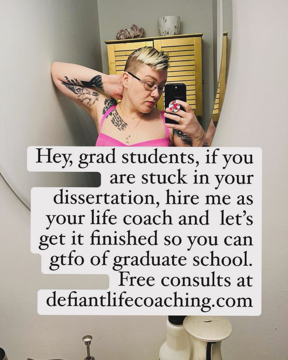 SimoneKolysh's tweet image. Hey, grad students, if you are stuck in your dissertation, hire me as your life coach and let’s get it finished so you can gtfo of grad school. Free consults at defiantlifecoaching.com #dissertation #dissertationcoach #lifecoach