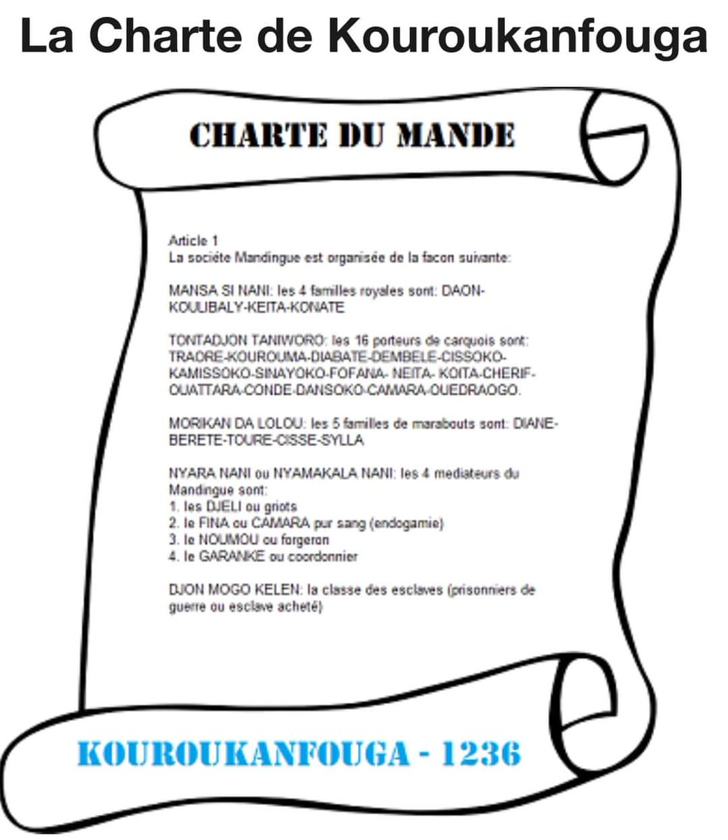 DelphineSankara's tweet image. 🔴Sachez que la CHARTE de #KURUKANFUGAl n’a rien à voir avec la CHARTE des #CHASSEURS du Mandé. 
Les deux textes sont constamment confondus.

Beaucoup de gens parlent de ces deux textes sans les avoir jamais lus.

Je vous donne quelques différences, entre les deux textes,
1/2