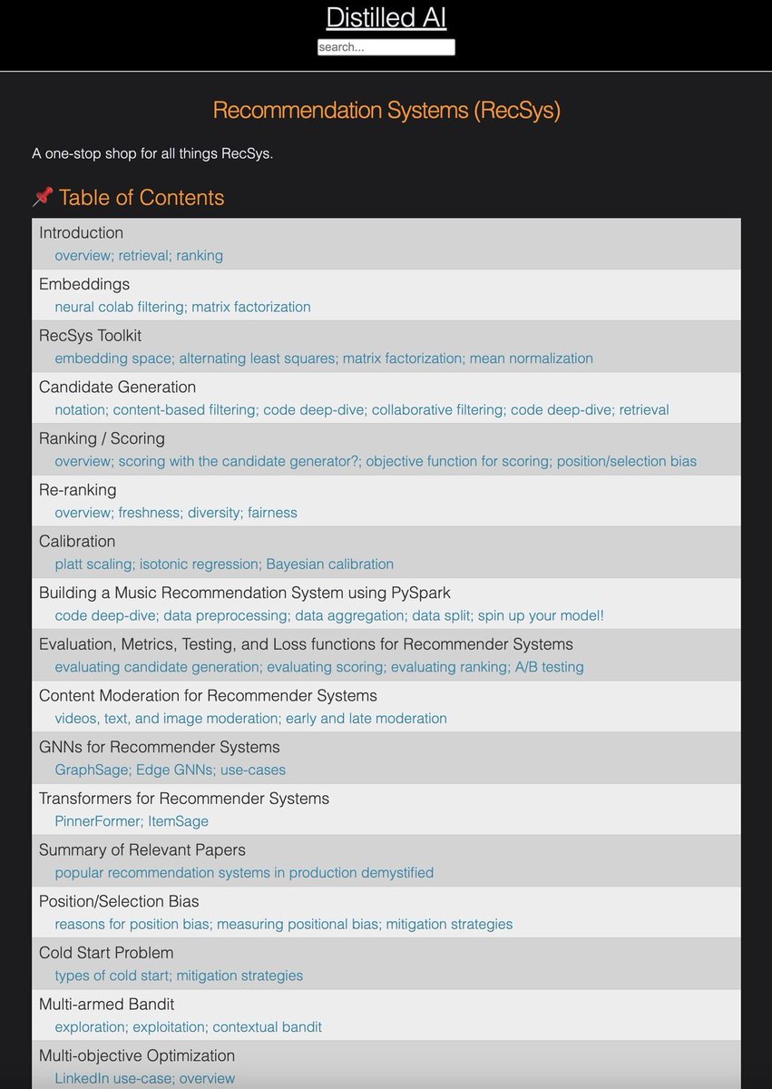 🏅Recommender Systems' Primers • recsys.aman.ai

🔹Candidate Generation & Retrieval
🔹Candidate Ranking & Re-ranking
🔹Cold Start Problem
🔹Position Bias
🔹Content Moderation
🔹Evaluation Metrics and Loss
🔹Multi-Armed Bandits
🔹GNNs for RecSys
🔹Transformers for RecSys