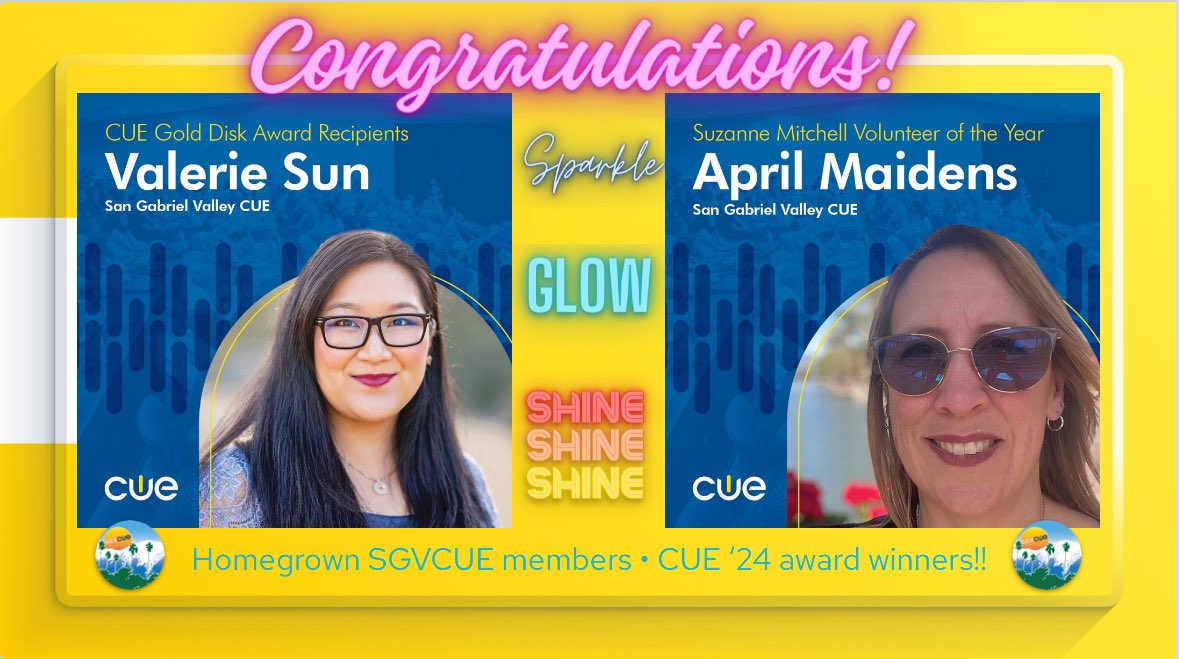 AprilBuege's tweet image. So proud of these two amazing @SGVCUE members!!! Thank you Valerie &amp;amp; April for all that you have done for the #SGVCUE crew and the whole #CUEmmunity!  💙💛@mllevalsunshine  @maidens7 💛💙
Congrats to all the #SpringCUE #CUE24 award winners! 🤗🤩🎉