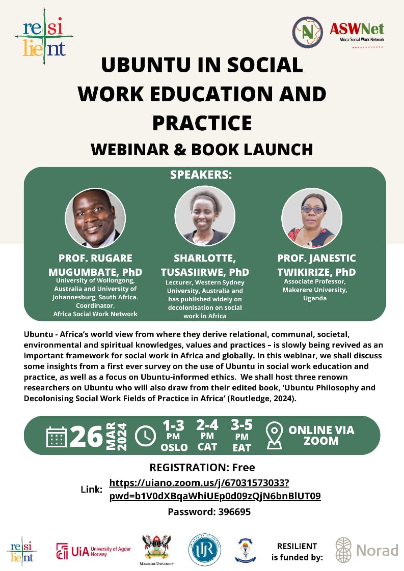 Upcoming book launch and webinar: Ubuntu Philosophy and Decolonizing Social Work Fields and Practices in Africa #AfricaResearchNews @MakerereCHUSS @Prof_Eric_Awich @Josephineahiki1 #ResearchFinds #News #MoscowAttack