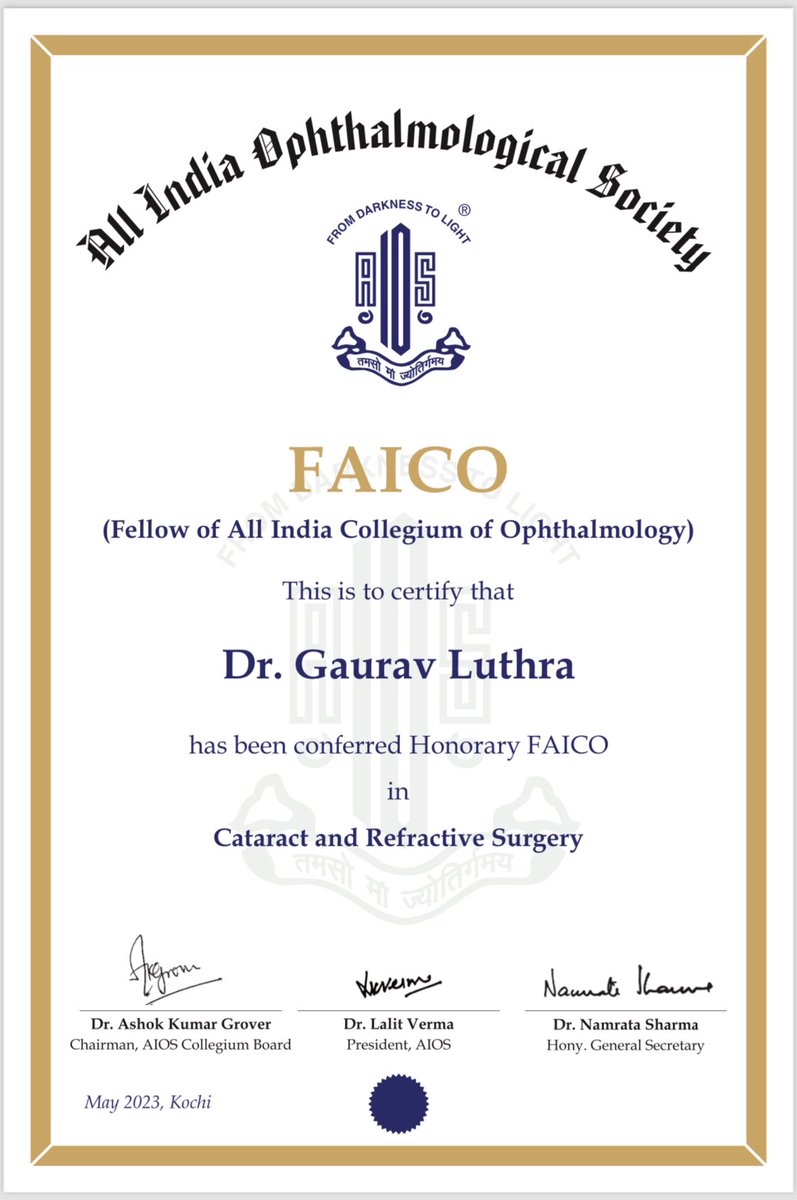 drgauravluthra's tweet photo. Honoured by being bestowed the Honorary Fellowship of the All India Collegium of Ophthalmology in Cataract and Refractive Surgery. #FAICO #MedTwitter #Ophthalmology #OphthalTwitter https://t.co/4T7DRp4oqF
