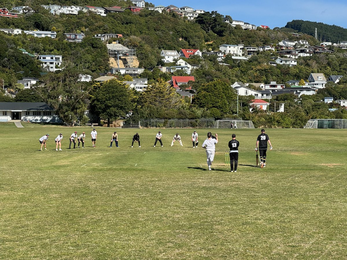 Somewhat humiliating end for the @NZParliament Cricket Team v Media at Karori Park. Adam Pearse steaming in off the long run.