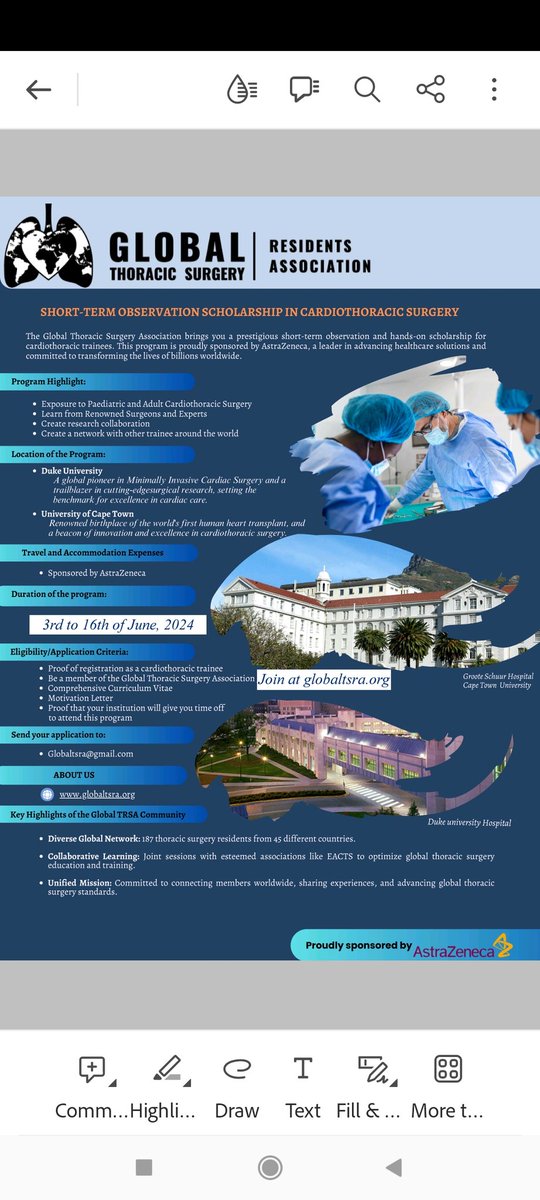 Applications are invited for an observership of 2 weeks partnered with @DukeCTSurgery and Cape Town University, South Africa. Seize this opportunity to visit world renowned hospitals and learn from esteemed colleagues. We thank @AstraZeneca for its support. Details below.