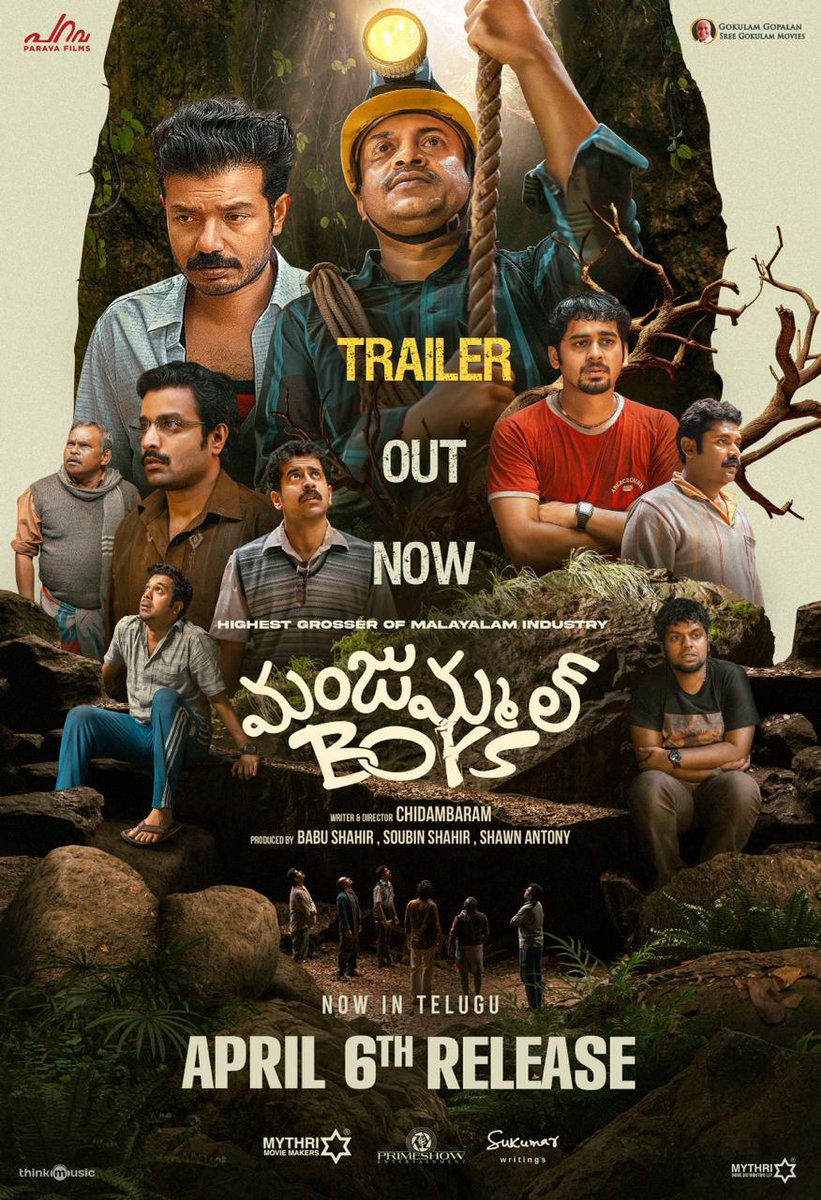 A tale of FRIENDSHIP, a tale of TOGETHERNESS, a tale of SURVIVAL 💪✊ #ManjummelBoys Telugu Trailer out now! -- youtu.be/9uzfrur9SDU Grand release worldwide on April 6th. Telugu release by @MythriOfficial, @Primeshowtweets & @SukumarWritings ✨ #ParavaFilms #Chidambaram…