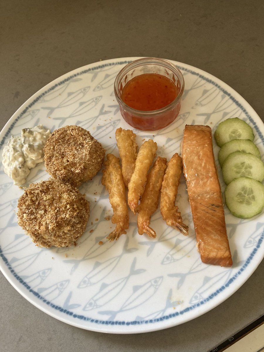 Lunch - a trio of Fish - Salmon & Haddock Fish Cakes with Tartare Sauce, Tempura Prawns with a Sweet Chilli Dip and Salmon Teriyaki with Pickled Cucumber.