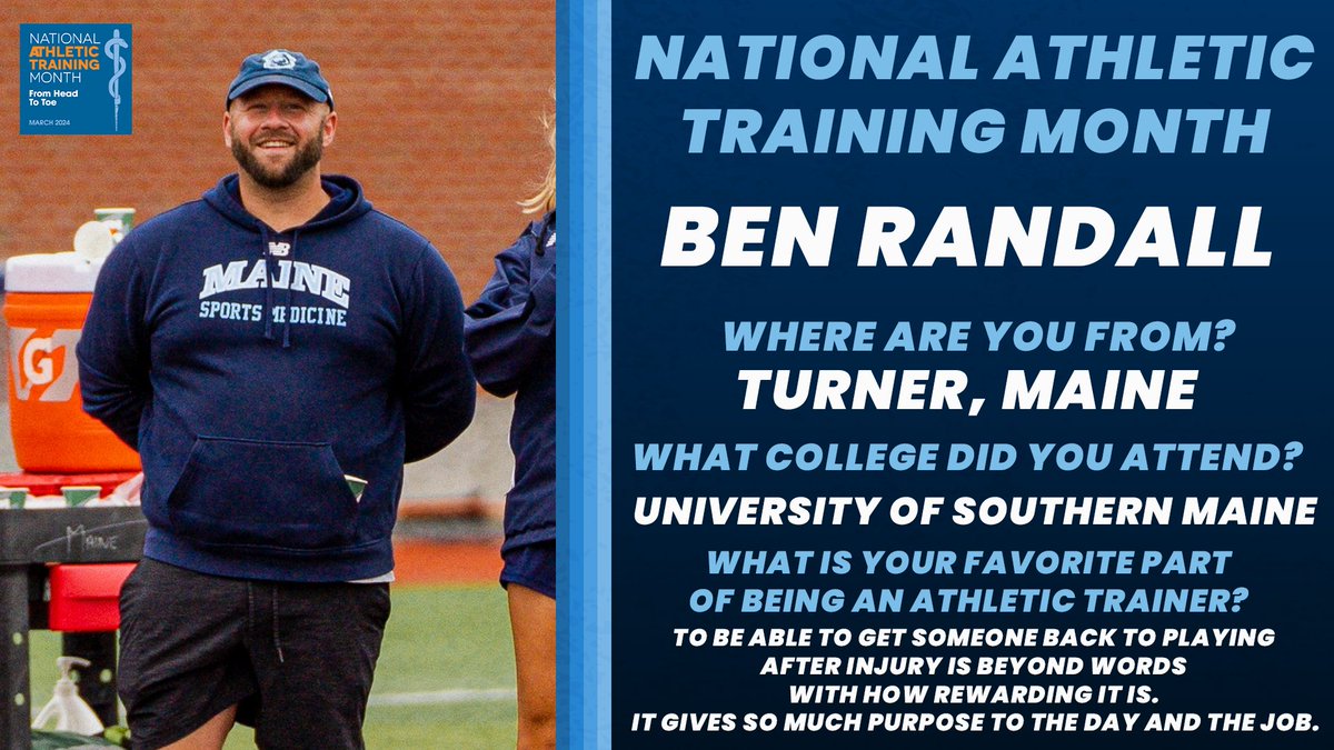 The seventh Athletic Trainer we want to highlight as a part of National Athletic Training Month is Ben Randall! Ben joined the UMaine staff in 2013 and works with our Soccer program and Swim and Dive programs! #blackbearnation