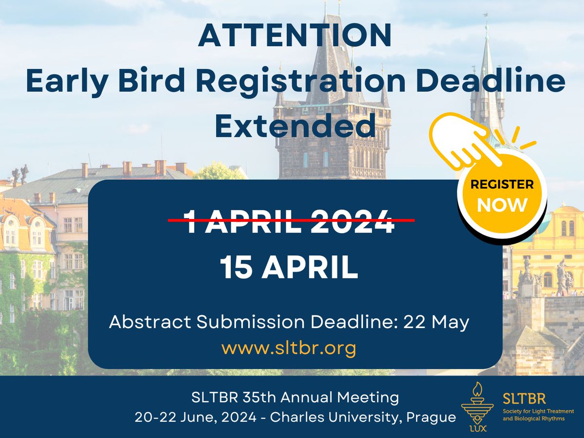 🐣Happy Easter! Exciting news for the 35th Annual Meeting in Prague: Early Bird deadline extended to April 15th! Submit your abstracts for poster and oral presentations & Young Scientists, apply for the J. Christian Gillin Young Scientist Award! See you in Prague! #SLTBR #Prague