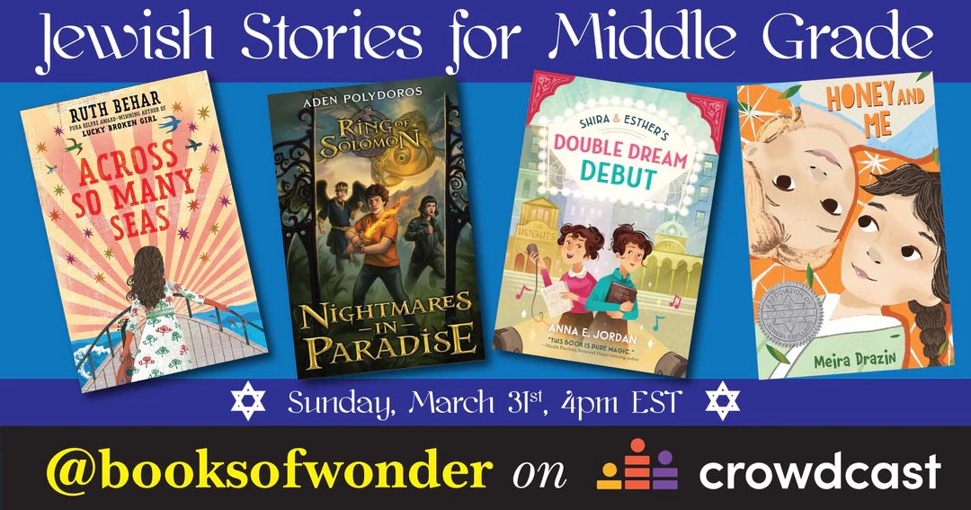 Really excited and honored to be part of this panel later today with @BooksofWonder ! Especially with authors I so admire 🙏 Please join, tell your kids, tell your students, tell their friends!!! 📣📣📣 ⏰4 pm EST; 9 pm UK time ⏰📚#jewishkidlit #middlegrade #mglit