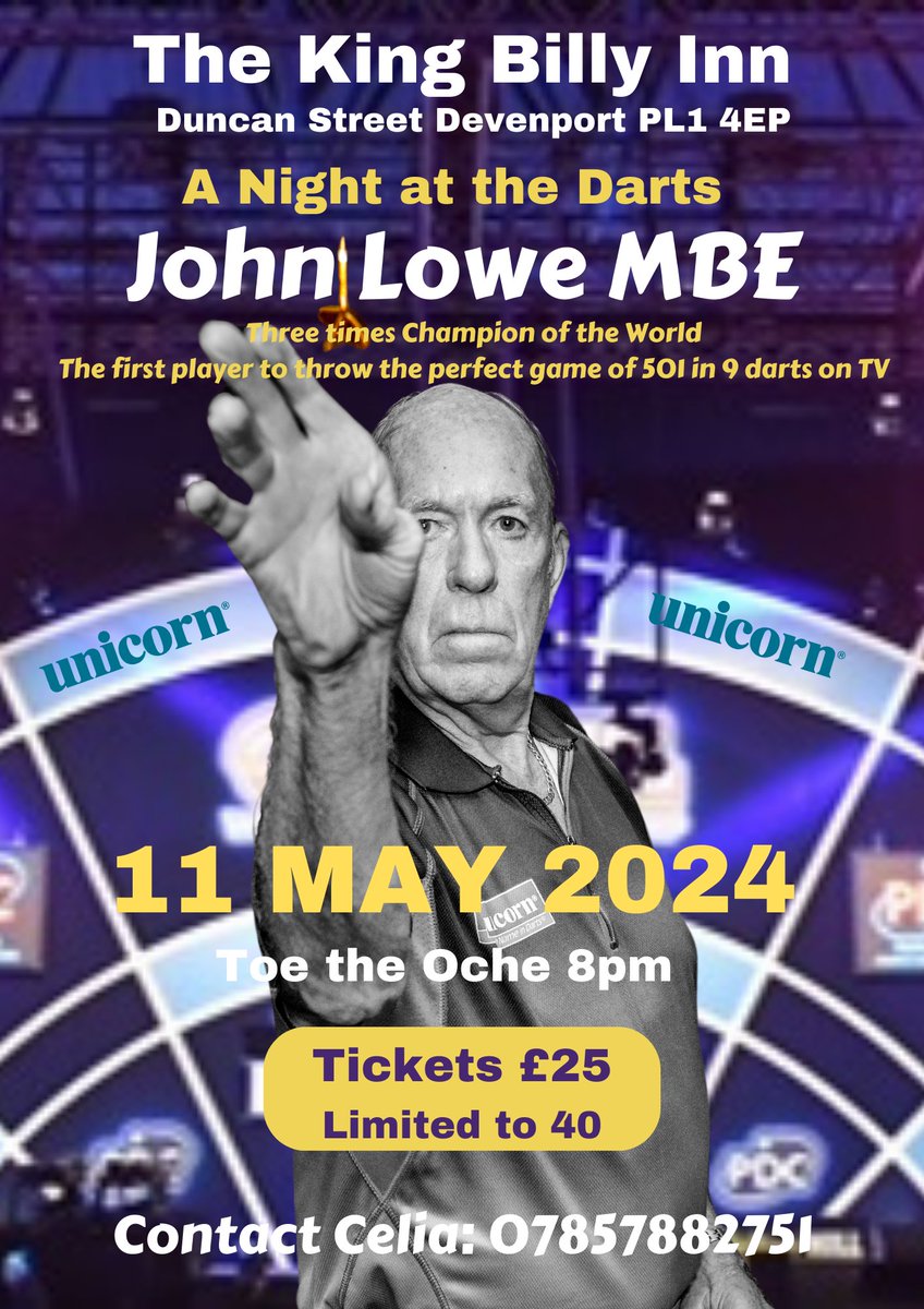 Whose coming to the King Billy for a VIP Night at the Darts ? with tickets limited to 40, it will be a meet and greet with everyone all night, call Celia to book your ticket, and who knows, you could be playing.