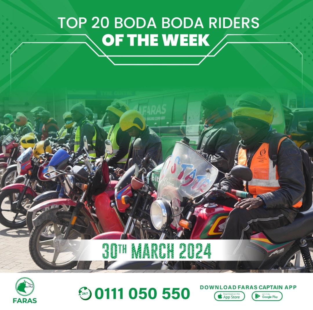 SATURDAY MARCH, 30th 2024. We recognizes our Top 20 Boda Boda Riders of the week and rewards their commitment. Our riders aim to deliver exceptional service and make every customer's journey memorable. Your enrollment as a Faras Captain awaits you at faras.link/FarasCaptains.