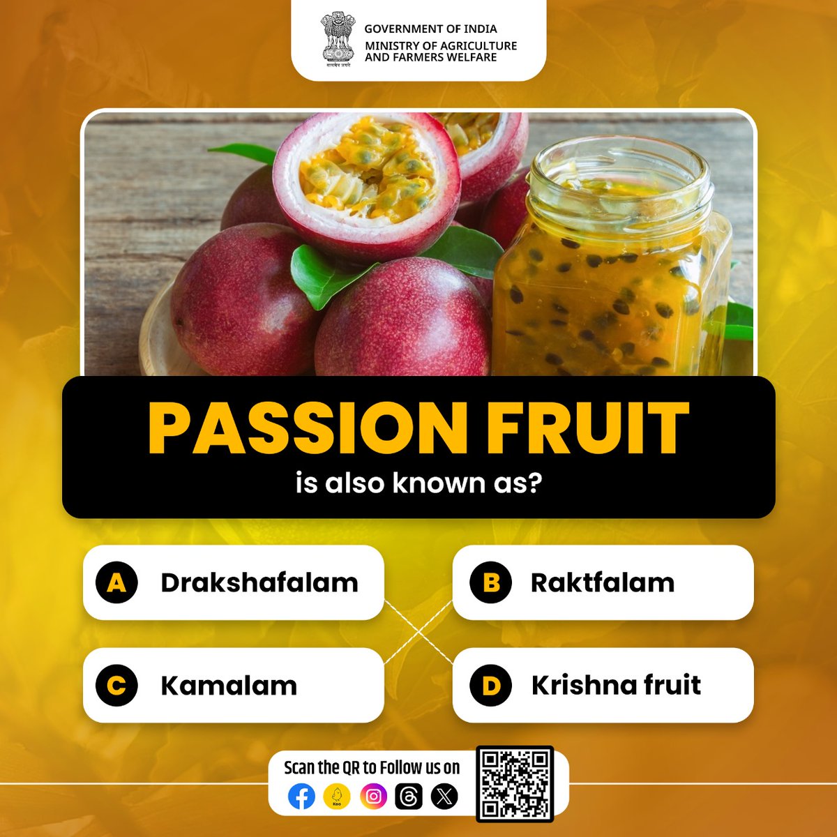 Take part in the agriculture quiz and test your knowledge!
.
Passion Fruit is also known as? Please share your answer in the comments.

#agrigoi #agriculturetrends #PassionFruits #agriquiz #QuizOfTheDay