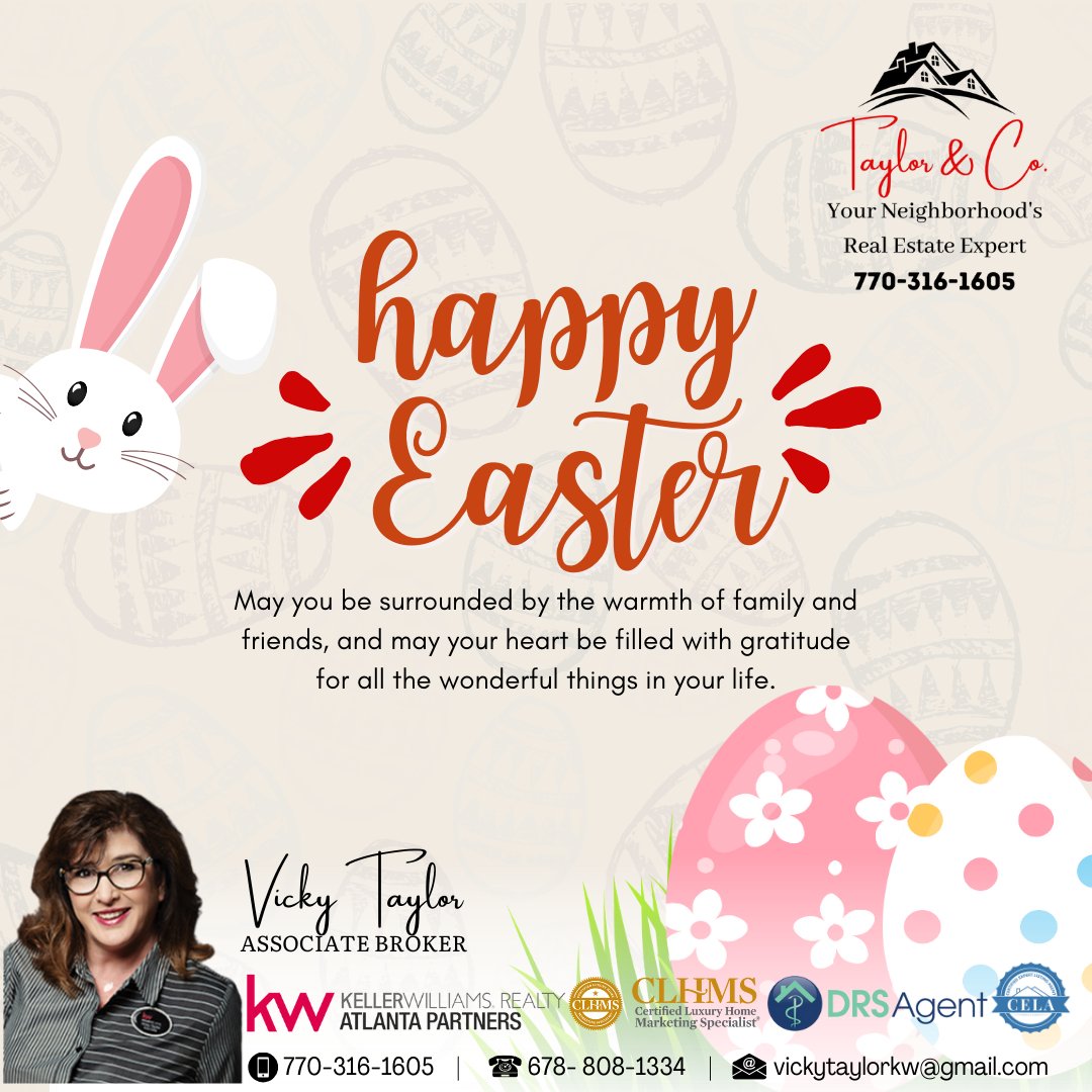 Happy Easter!🐰🌸
#TaylorAndCoRealty #KellerWilliamsNEATL #LuxurySpecialist #CLHMS #DRSAgent #GARealEstateAgent #RealEstate #HappyEaster #EasterJoy #SpringCelebration #EasterBunny #EasterEggs #EasterSunday #FamilyTime #EasterTraditions #Easter2024 #BlessedDay